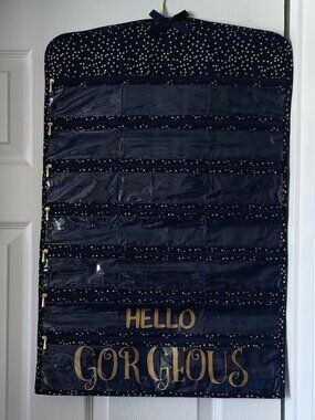 JEWELRY Roll with Zipper Pockets on Hanger Blue and Gold Size Large